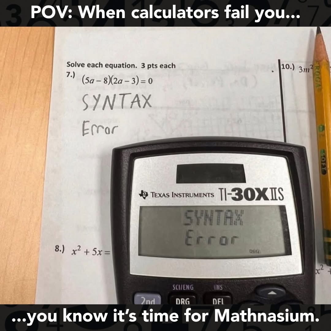 MathnasiumMOT's tweet image. When your calculator (or AI 😅) makes a blunder… and you just roll with it on the test. 🤦‍♂️

#Mathnasium #MathFail #RelatableMath #MathMeme