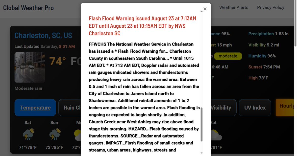 Point Forecaster for Android (@point_forecast) on Twitter photo #FlashFlood #Flood #SCwx
<a href="/NWSFlashFlood/">@NWSFlashFlood</a> has issued a Flash Flood Warning for Charleston SC, North Charleston SC and Saint Andrews SC until 10:15 AM EDT
globalweatherpro.com/weather-alerts… #FlashFlood #Flood #SCwx
<a href="/NWSFlashFlood/">@NWSFlashFlood</a> has issued a Flash Flood Warning for Charleston SC, North Charleston SC and Saint Andrews SC until 10:15 AM EDT
globalweatherpro.com/weather-alerts…