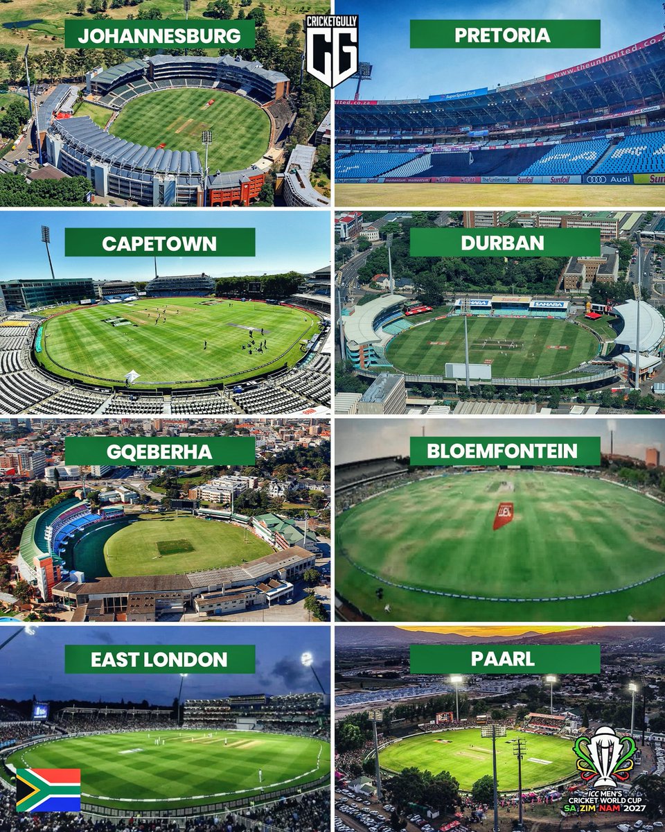 thecricketgully's tweet photo. South Africa venues for 𝐖𝐨𝐫𝐥𝐝 𝐂𝐮𝐩 𝟐𝟎𝟐𝟕!🏟️🏆🤩 https://t.co/kCE2zABpvd