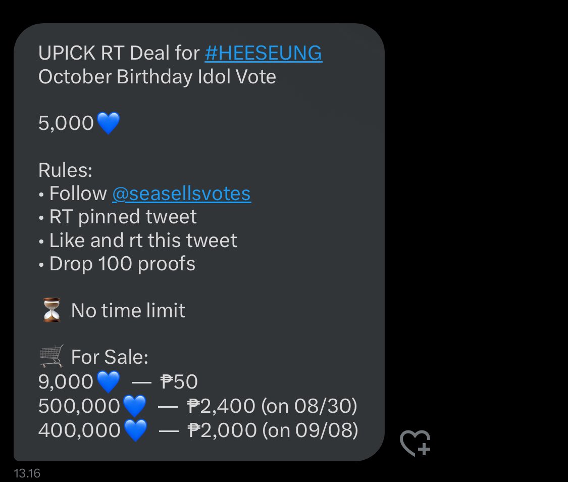 arin. (@heeourace) on Twitter photo UPICK RT Deal for #HEESEUNG
October Birthday Idol Vote
5,000💙
Rules:
• Follow <a href="/seasellsvotes/">seasellsvotes 🌊</a>
• RT pinned tweet
• Like and rt this tweet
• Drop 100 proofs
⏳ No time limit
🛒 For Sale:
9,000💙 — ₱50
500,000💙 — ₱2,400 (on 08/30)
400,000💙 — ₱2,000 (on 09/08) UPICK RT Deal for #HEESEUNG
October Birthday Idol Vote
5,000💙
Rules:
• Follow <a href="/seasellsvotes/">seasellsvotes 🌊</a>
• RT pinned tweet
• Like and rt this tweet
• Drop 100 proofs
⏳ No time limit
🛒 For Sale:
9,000💙 — ₱50
500,000💙 — ₱2,400 (on 08/30)
400,000💙 — ₱2,000 (on 09/08)
