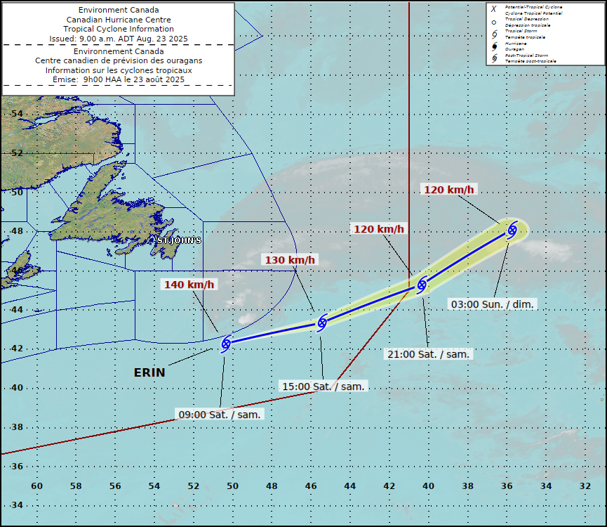 🌀 Post-Tropical Cyclone Erin has picked up forward speed this morning and is forecast to exit the Canadian response zone later today. #NSStorm #NLwx #Erin

👨‍💻 Latest information from CHC: ow.ly/ihxu50WKOCi
