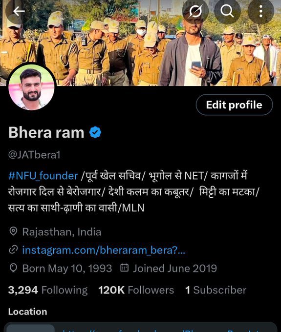 सोशल मीडिया प्लेटफ़ार्म #X पर 120k का परिवार होने पर बहुत बहुत शुभकामनाएँ 👍🎉 💐

आप हमेशा ऐसे ही सभी का सहयोग करते रहे और आगे बढ़ते रहे 💯💯
 <a href="/JATbera1/">Bhera ram</a> #नेशनल_फ्रीडम_यूनियन