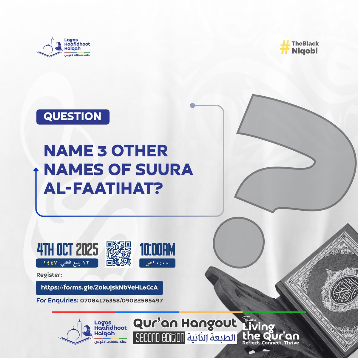 "Do you know the other beautiful names of Surah Al-Fatiha?"
Test your knowledge of the opening chapter of the Qur'an!

Let’s see how well you really know the Opening Chapter! 📖✨

#LivingTheQuraan
#QuraanHangout
#ReflectConnectThrive
#theblackniqabi