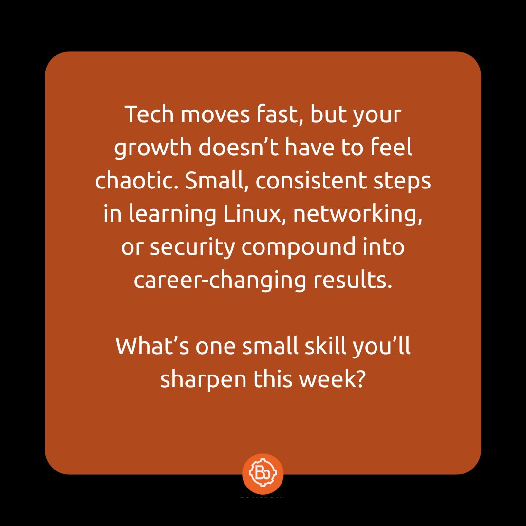 bomorgantech's tweet image. Tech moves fast, but your growth doesn’t have to feel chaotic. Small, consistent steps in learning Linux, networking, or security compound into career-changing results.
What’s one small skill you’ll sharpen this week?
#BoMorganTech #TechGrowth #LinuxLearning #ITProfessionals…