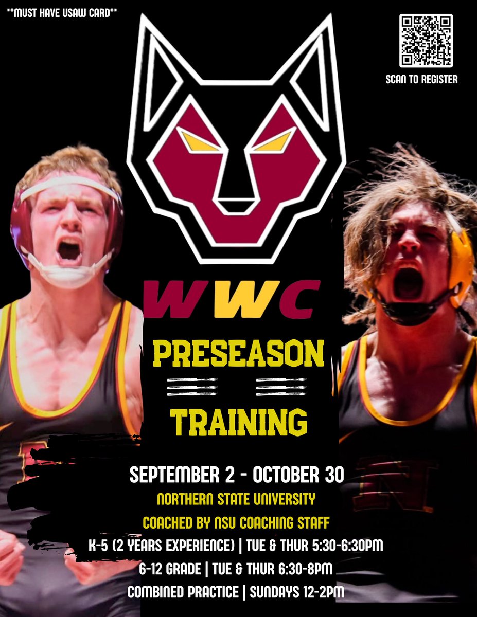 Wolves Wrestling Club Preseason Training for all ages starts September 2nd 🐺
