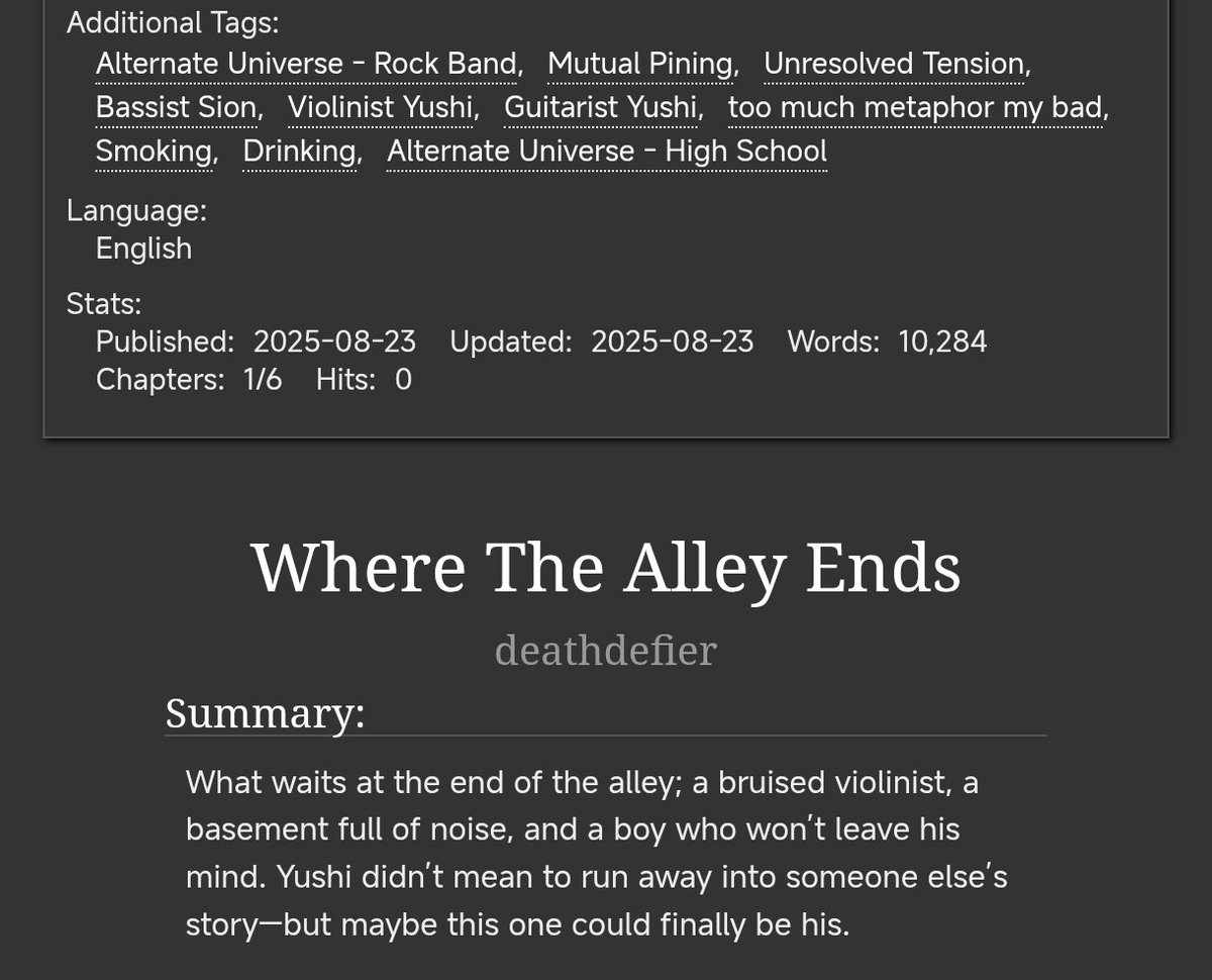 sionyuz's tweet photo. where the alley ends,
#yusion / #onyut fic 

— 10k words / ongoing
— band au, unresolved tension, mutual pining
— rich violinist yushi x band kid sion

[ 🖇️ : https://t.co/uc3Q4Ywc6B ] https://t.co/zJXZwcfJcD