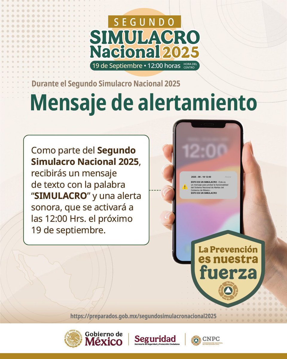 ¡No te alarmes! El mensaje durante el #SegundoSimulacroNacional2025 encenderá la pantalla de tu celular y recibirás una alerta sonora. 

Conoce más y participa: gob.mx/atdt/prensa/se…

<a href="/Claudiashein/">Claudia Sheinbaum Pardo</a> @GobiernoMx <a href="/SSPCMexico/">Secretaría de Seguridad y Protección Ciudadana</a>