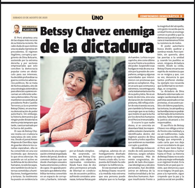 💥El sacrificio de Betssy Chávez nos obliga a mirar de frente y no ser indiferentes. 
Betssy Chávez no es solo una mujer enfrentada a un régimen brutal, es el ejemplo de un pueblo  que resiste, que denuncia y que no se resigna. Un país que, pese a la represión, sigue creyendo que