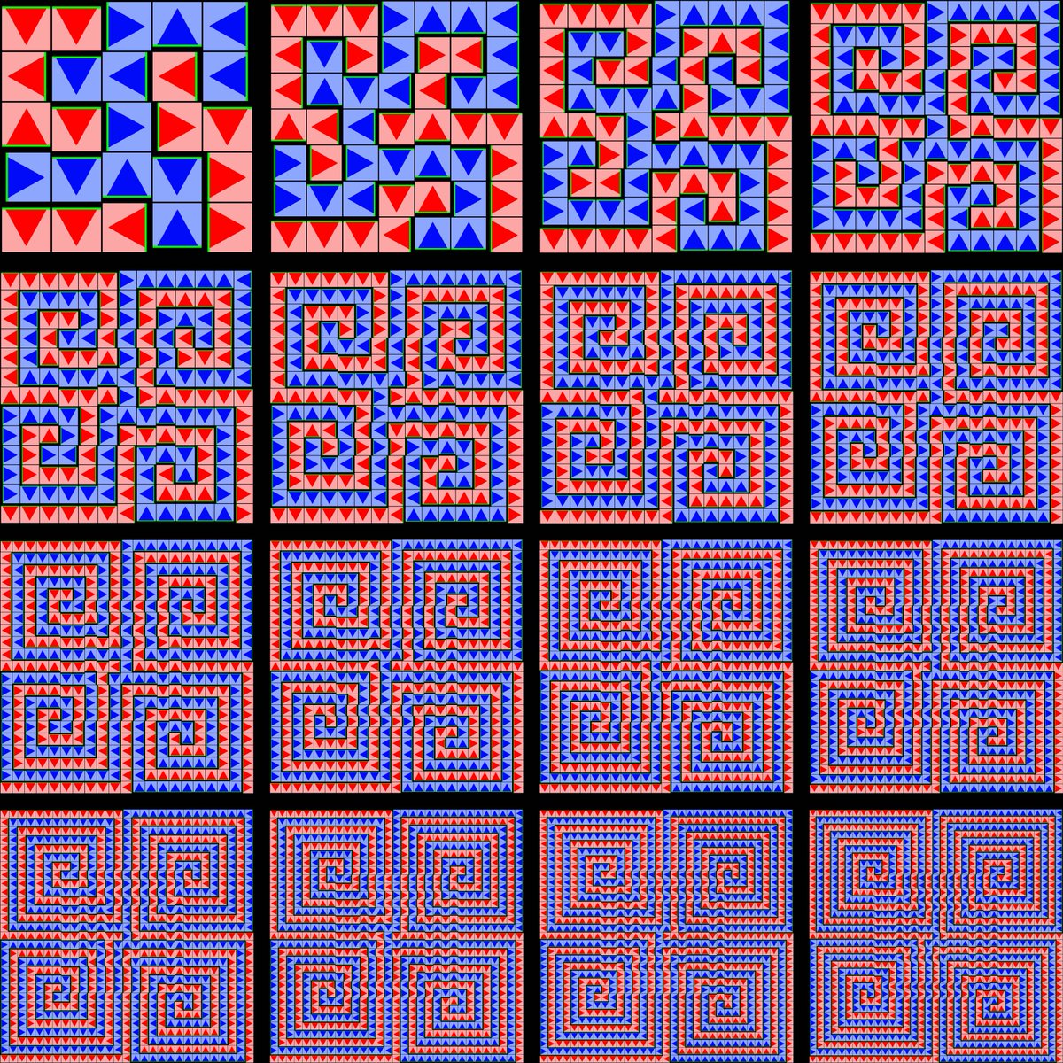 Here's a chart of Douglas McKenna's space-filling SquaRecurves, ranging in size from 5 to 35. The assignment of the red/blue squares to the left/right of the curve is unclear (to me). Therefore, an algorithm is used to calculate the assignments. #mathart #digitalart #Tissellator