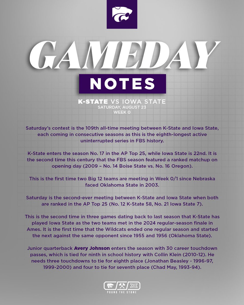 A few facts and figures as <a href="/KStateFB/">K-State Football</a> gets ready to open the 2025 season in the Aer Lingus College Football Classic.

#EMAW 👌