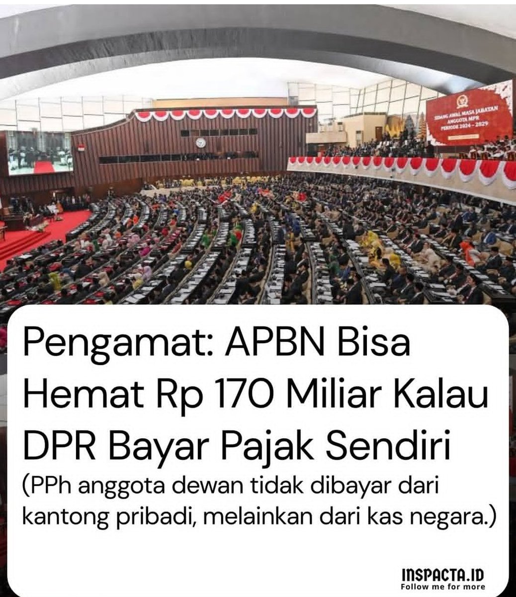 NiNG garis tengah (@fayaatika) on Twitter photo Jika Menteri dan semua pejabat negara termasuk Presiden <a href="/prabowo/">Prabowo Subianto</a> juga membayar PPh Pasal 21 sendiri, penghematan APBN mencapai Rp 362,74 M
Ples dari DPR Total Rp 532.74 M
Sayangnya UU pajak hanya utk rakyat.
Gratis bagi DPR dan pejabat negara
Wujud nyata sila ke 5 Pancasila Jika Menteri dan semua pejabat negara termasuk Presiden <a href="/prabowo/">Prabowo Subianto</a> juga membayar PPh Pasal 21 sendiri, penghematan APBN mencapai Rp 362,74 M
Ples dari DPR Total Rp 532.74 M
Sayangnya UU pajak hanya utk rakyat.
Gratis bagi DPR dan pejabat negara
Wujud nyata sila ke 5 Pancasila