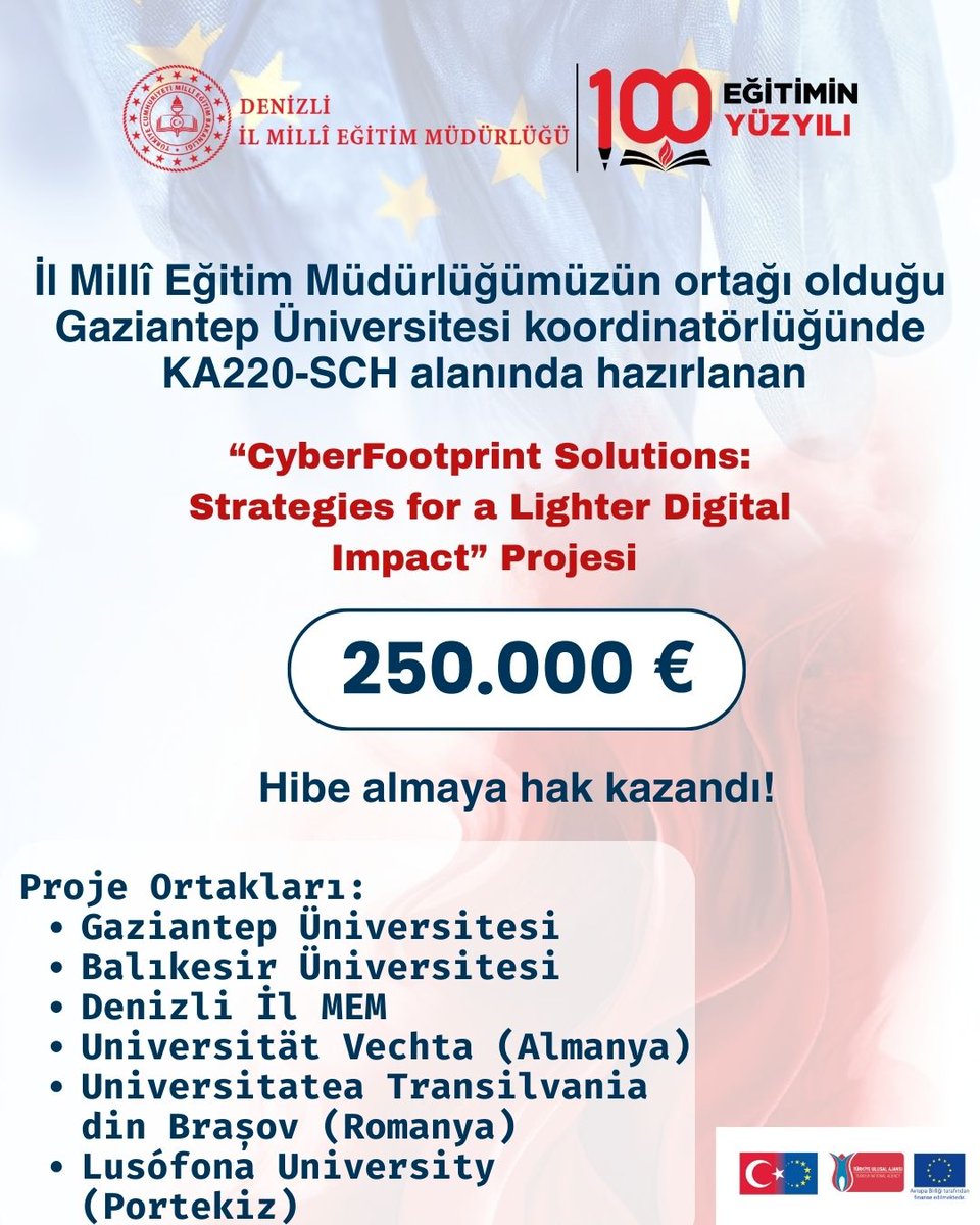 Denizli ARGE (@argedenizli) on Twitter photo ⸻
📢 Müdürlüğümüzün ortak olduğu "CyberFootprint Solutions” KA220 projemiz başarılı bulunarak hibe almaya hak kazanmıştır. Proje okullarda sürdürülebilir dijital uygulamalar & dijital karbon ayak izini azaltmayı hedeflemektedir.
<a href="/ulusalajans/">Türkiye Ulusal Ajansı 🇹🇷 Turkish NA</a>
<a href="/denizlimem/">Denizli İl Millî Eğitim Müdürlüğü</a>
<a href="/emre_caliskan/">Emre Çalışkan</a>
<a href="/YTEMEL3/">Y.TEMEL</a> ⸻
📢 Müdürlüğümüzün ortak olduğu "CyberFootprint Solutions” KA220 projemiz başarılı bulunarak hibe almaya hak kazanmıştır. Proje okullarda sürdürülebilir dijital uygulamalar & dijital karbon ayak izini azaltmayı hedeflemektedir.
<a href="/ulusalajans/">Türkiye Ulusal Ajansı 🇹🇷 Turkish NA</a>
<a href="/denizlimem/">Denizli İl Millî Eğitim Müdürlüğü</a>
<a href="/emre_caliskan/">Emre Çalışkan</a>
<a href="/YTEMEL3/">Y.TEMEL</a>