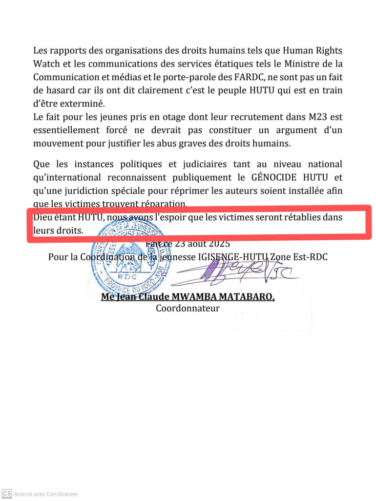 MAISHA RDC (@maishardc) on Twitter photo #EST_RDC:
Jean-Claude MWAMBA MATABARO, Coordonnateur de la jeunesse Igesenge Hutue Zone Est/RDC et Avocat-Conseil de l’ONGDH <a href="/CvarOngdh/">Collectif des Victimes de l'Agression Rwandaise</a>, a signé un communiqué au nom de la jeunesse hutue, allant jusqu’à qualifier « Dieu d’être Hutu ».
Cet homme n’est pas un simple personnage. #EST_RDC:
Jean-Claude MWAMBA MATABARO, Coordonnateur de la jeunesse Igesenge Hutue Zone Est/RDC et Avocat-Conseil de l’ONGDH <a href="/CvarOngdh/">Collectif des Victimes de l'Agression Rwandaise</a>, a signé un communiqué au nom de la jeunesse hutue, allant jusqu’à qualifier « Dieu d’être Hutu ».
Cet homme n’est pas un simple personnage.