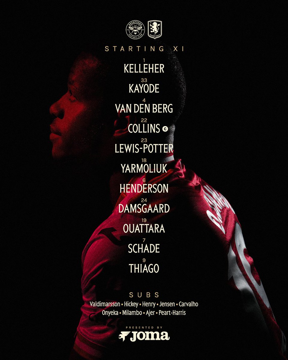 An image of Dango Ouattara against a dark background sits behind the Brentford team for this afternoon's game