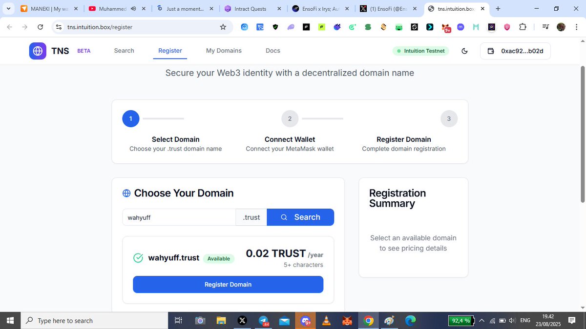 Update Intuition Testnet 

➡️tns.intuition.box/register
➖ Register Your .trust Domain
➖ 0.02 TRUST

Faucet: portal.intuition.systems