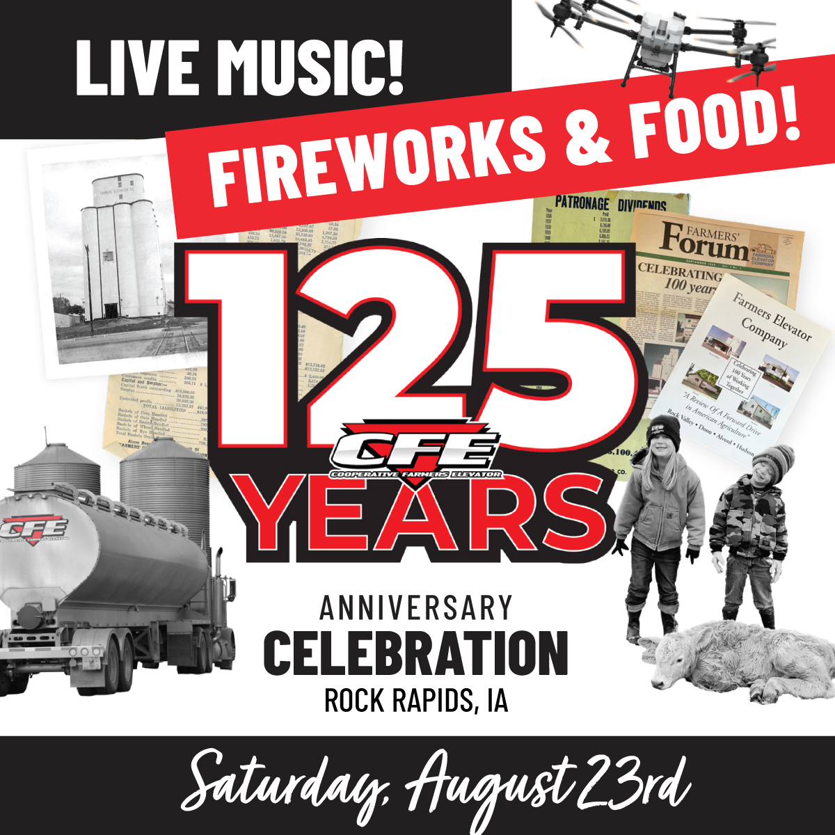 TODAY join us as we celebrate 125 years of CFE at the Lyon County Fairgrounds in Rock Rapids from 4–10PM!

📍 S 5th Ave &amp; S Tama St Rock Rapids, IA
🍖 Lynch BBQ (4:30–7:30PM)
🚁 CFE Air drone demos
🎶 Live music &amp; beer garden (cash only)
🎆 Fireworks at 10PM