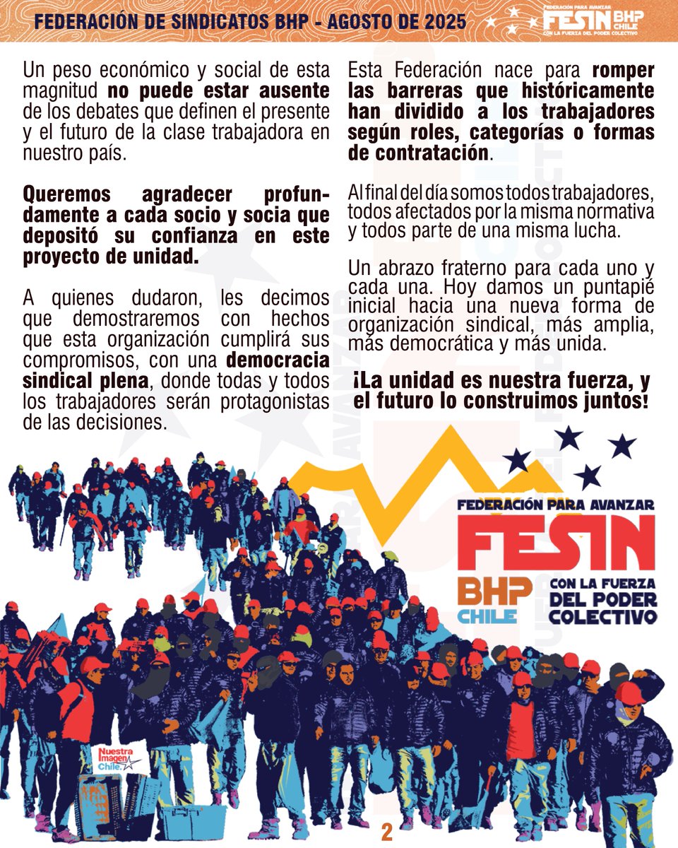 𝗖𝗢𝗠𝗨𝗡𝗜𝗖𝗔𝗗𝗢 𝗣Ú𝗕𝗟𝗜𝗖𝗢 <a href="/FederacionBHP/">FESINBHPCHILE</a> 4 sindicatos levantan la federacion + grande de 🇨🇱 ¡𝗟𝗮 𝘂𝗻𝗶𝗱𝗮𝗱 𝗲𝘀 𝗻𝘂𝗲𝘀𝘁𝗿𝗮 𝗳𝘂𝗲𝗿𝘇𝗮 𝘆 𝗲𝗹 𝗳𝘂𝘁𝘂𝗿𝗼 𝗹𝗼 𝗰𝗼𝗻𝘀𝘁𝗿𝘂𝗶𝗺𝗼𝘀 𝗷𝘂𝗻𝘁𝗼𝘀!
<a href="/Sind_Spence/">Sindicato Spence</a>
<a href="/SindicatoMEL/">Sindicato N1 de MEL</a>
<a href="/Spence_sindical/">Supervisores Spence - Bhp</a>
<a href="/SupervisoresMEL/">Sindicato Supervisores Minera Escondida BHP</a>
☀