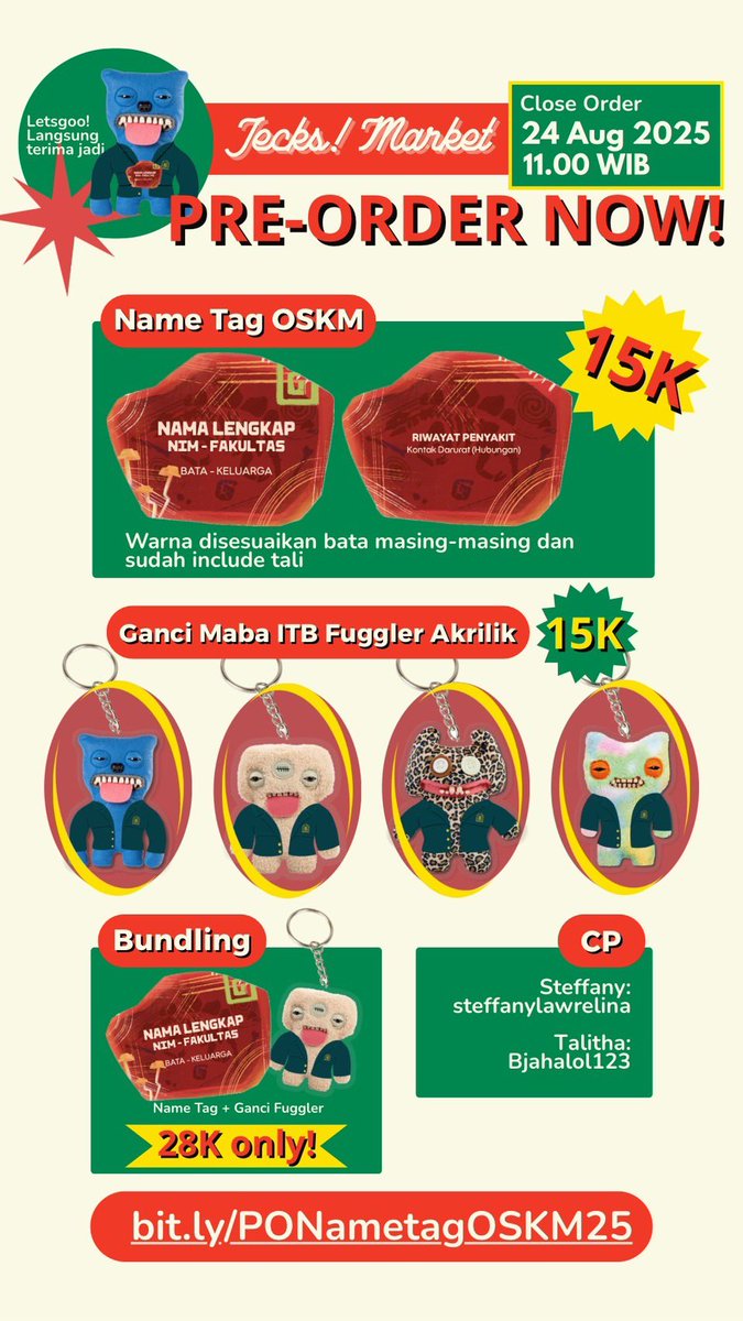 owrelliee's tweet image. 𝗛𝗮𝗹𝗼 𝗩𝗲𝗻𝘁𝘂𝗿𝗶𝗼𝗻𝘀!!🌟
Masih bingung bikin name tag OSKM?😵 Tenang, tinggal isi data + checkout → name tag langsung ready tanpa ribet!✨
Selain itu ada juga ganci 𝙈𝘼𝘽𝘼 𝙄𝙏𝘽 𝙁𝙐𝙂𝙂𝙇𝙀𝙍 🧸 gemes banget buat OSKM🎒
Yuk terakhir besok!
bit.ly/PONametagOSKMI…