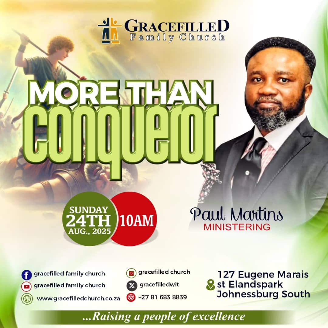 GraceFilledtwit's tweet image. Join us tomorrow morning @ Gracefilled Family Church for a life changing Sunday service🔥.

⏰ 10AM
📖 Pastor Paul Martins will be sharing on the theme: “More Than a Conqueror.”

📍127 Eugene Marais Street, Elandspark, Johannesburg South

#MoreThanAConqueror