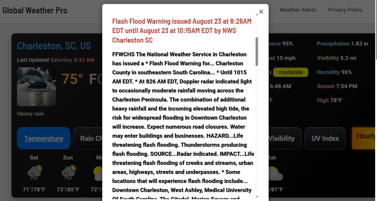 Point Forecaster for Android (@point_forecast) on Twitter photo #FlashFlood #Flood #SCwx
<a href="/NWSFlashFlood/">@NWSFlashFlood</a> has issued a Flash Flood Warning for Charleston SC until 10:15 AM EDT
globalweatherpro.com/weather-alerts… #FlashFlood #Flood #SCwx
<a href="/NWSFlashFlood/">@NWSFlashFlood</a> has issued a Flash Flood Warning for Charleston SC until 10:15 AM EDT
globalweatherpro.com/weather-alerts…