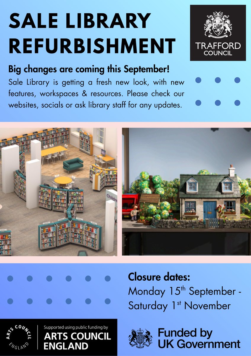 TraffLibraries's tweet image. 🎉 Big changes coming to #SaleLibrary! From 15 Sep-1 Nov we’re closing for a major refurb, including a new permanent #CosgroveHallFilms exhibition! 
Thanks to all who shared ideas in June! Some services/events continue nearby — stay tuned! #LibraryRefurbishment #TraffordLibraries