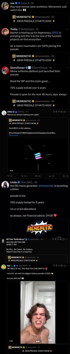 Memenetic presale을 홍보하는 인플루언서들의 다양한 X 게시물 콜라주