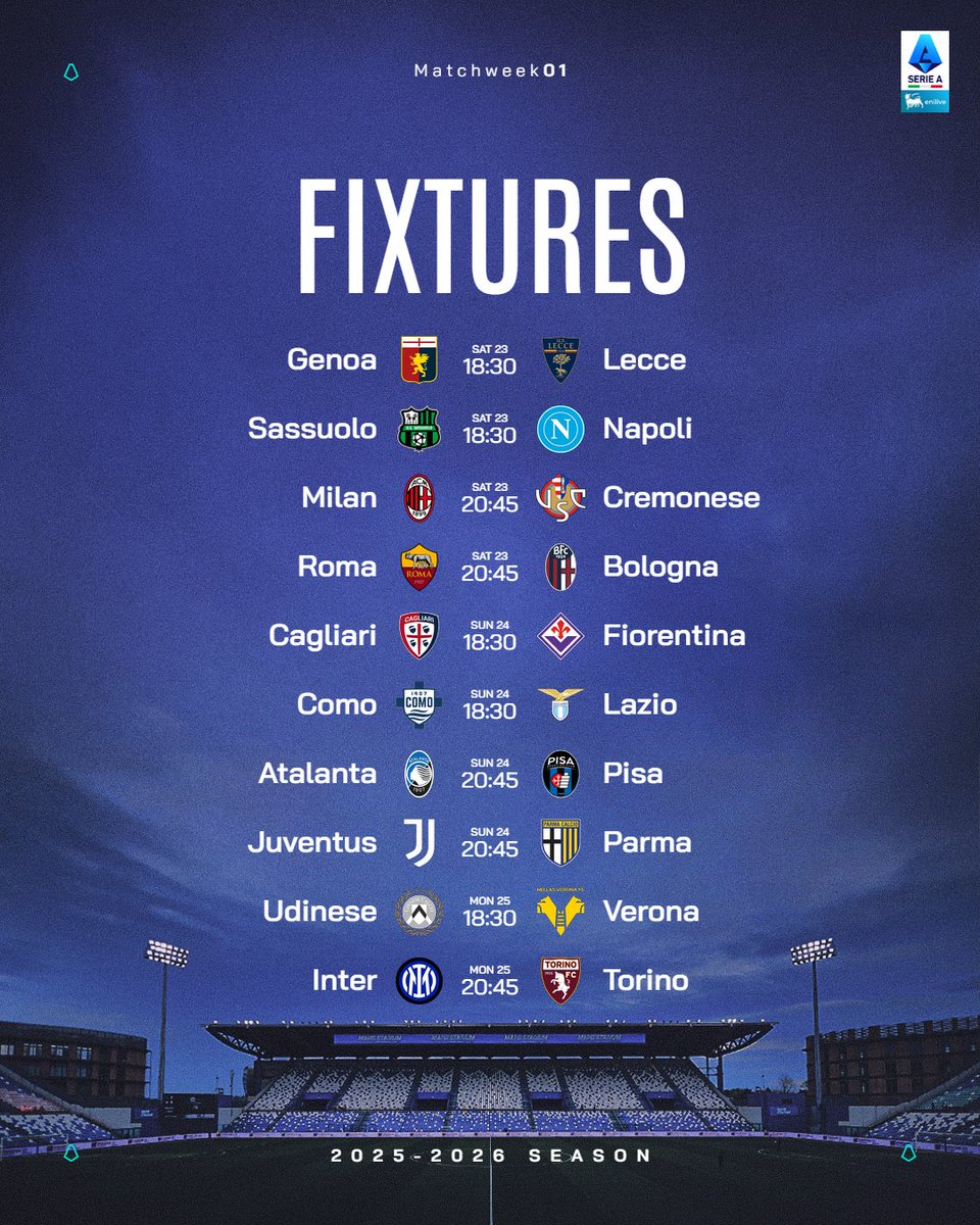 We are inching closer to #SerieA kickoff!

10:30pm IST is when all the action starts 🔥

While there may not be an official broadcaster as of today, we will leave some links in the comments below 👇🏾

Let us know your predictions for all MD1 fixtures, LET'S GO💪🏾

#ItalianFootball