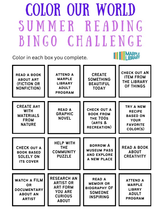 Marple Library (@marplelibrary) on Twitter photo Adults, there is still time to join our Summer Bingo. The Grand Prize is a Color Our World-themed Bag thanks to sponsor <a href="/IllichMatthew/">MatthewIllichRealtor®</a>. Stop by the Library for your bingo card. The deadline to drop off your cards is 4pm August 30. Adults, there is still time to join our Summer Bingo. The Grand Prize is a Color Our World-themed Bag thanks to sponsor <a href="/IllichMatthew/">MatthewIllichRealtor®</a>. Stop by the Library for your bingo card. The deadline to drop off your cards is 4pm August 30.