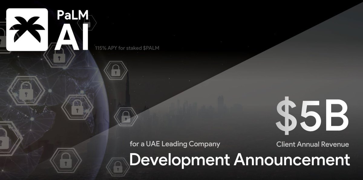 Today, we've entered a completely new chapter in the history of $PALM.

The $PALM Development Team is involved in building a proprietary DeFi-native wallet system for a major supermarket and enterprise conglomerate in the UAE.

We already provide 115% APY for our $PALM Staking,