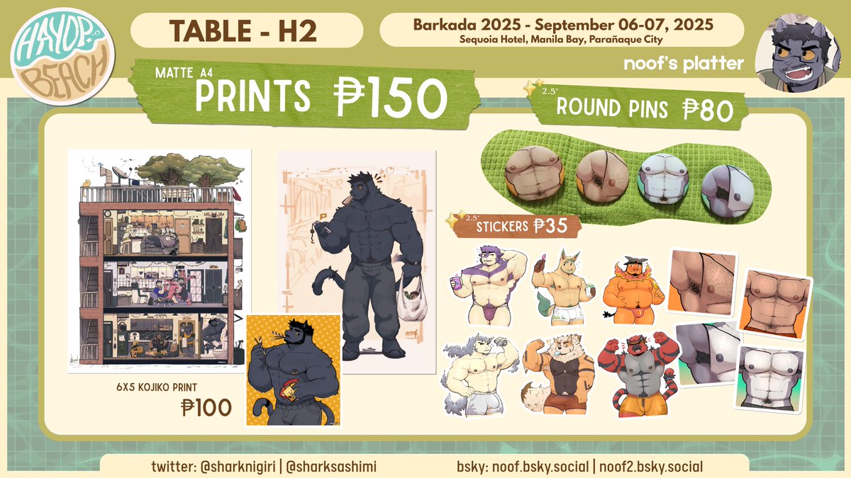 hey hey! here's my catalog dudes :] I'll be boothing at Barkada Furfest at September 6-7 ✨Opening pre-orders for keychains soon! check out the rest of Hayop Beach's catalog for more stuff 🌊⭐️