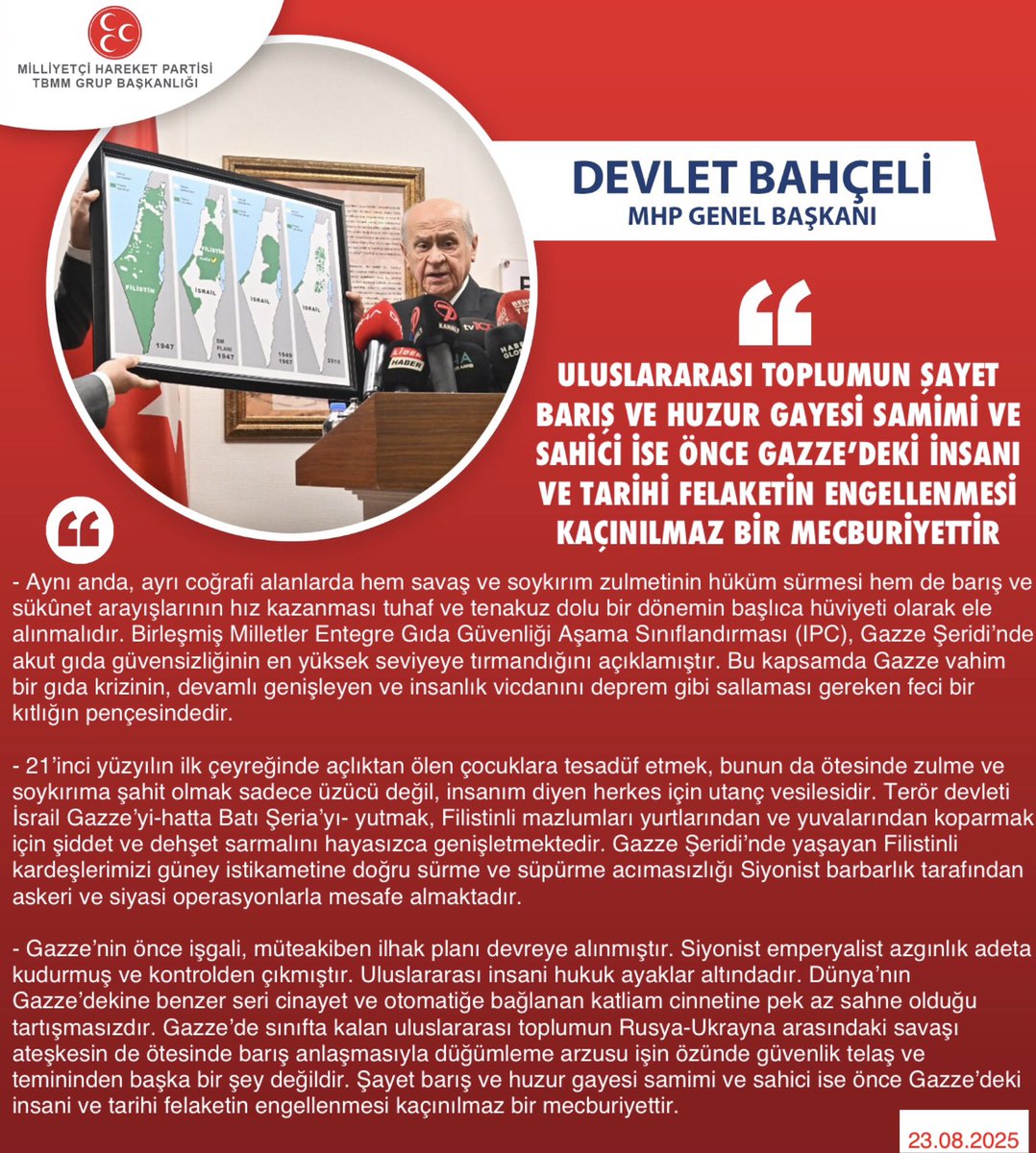 MHP TBMM Grubu #MHP (@mhptbmmgrubu) on Twitter photo Genel Başkanımız Sayın Devlet BAHÇELİ <a href="/dbdevletbahceli/">Devlet Bahçeli</a>: Uluslararası toplumun şayet barış ve huzur gayesi samimi ve sahici ise önce Gazze’deki insani ve tarihi felaketin engellenmesi kaçınılmaz bir mecburiyettir
mhphaber.com/?p=11880 Genel Başkanımız Sayın Devlet BAHÇELİ <a href="/dbdevletbahceli/">Devlet Bahçeli</a>: Uluslararası toplumun şayet barış ve huzur gayesi samimi ve sahici ise önce Gazze’deki insani ve tarihi felaketin engellenmesi kaçınılmaz bir mecburiyettir
mhphaber.com/?p=11880