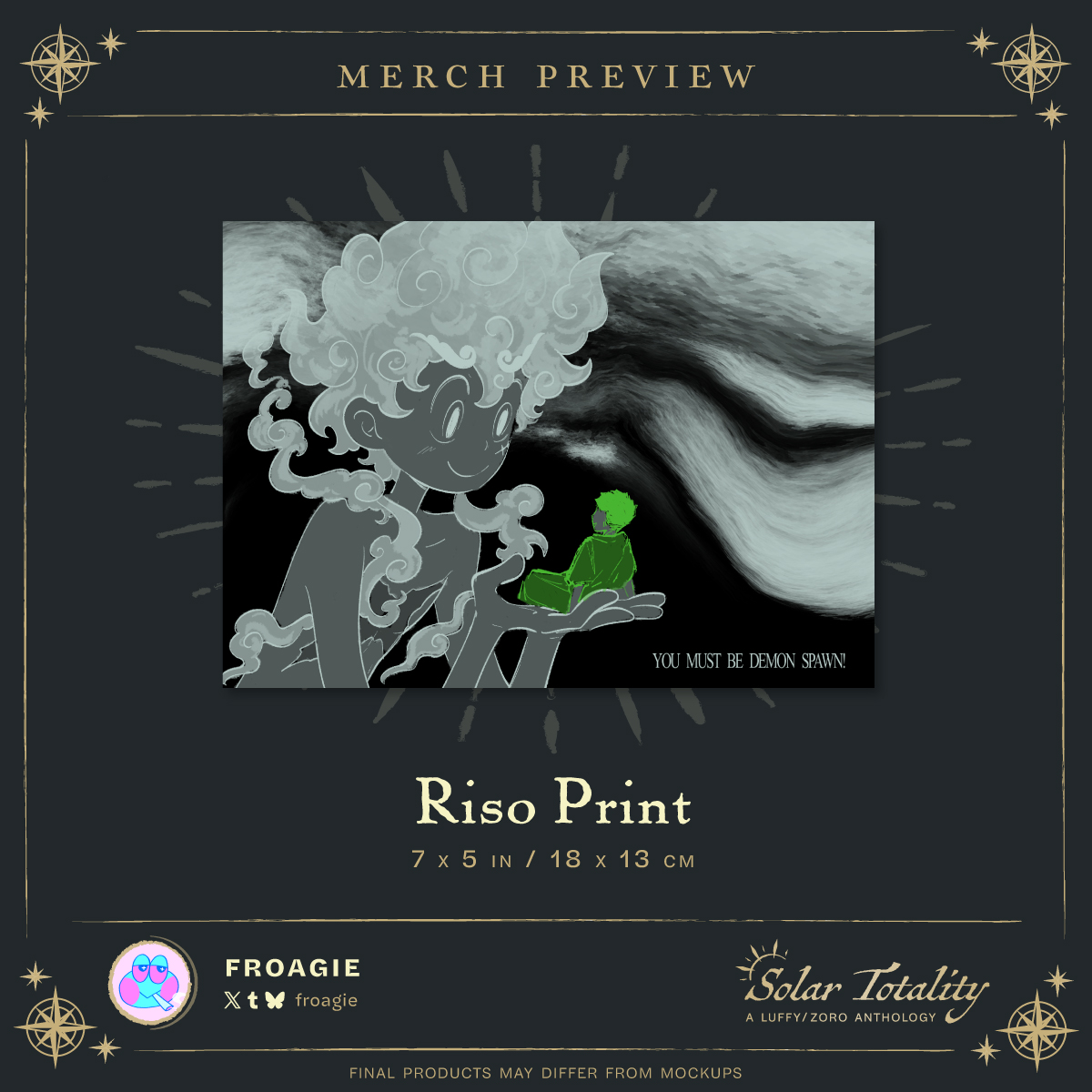 👒 『MERCH PREVIEW』 ⚔️

Today we're sharing a close-up of a 5x7 riso print of Gear 5 Luffy holding Zoro, illustrated by froagie!