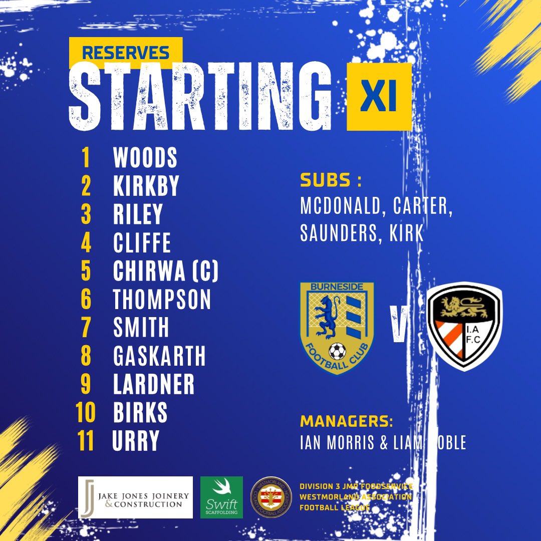 BurnesideFC (@burnesidefc) on Twitter photo Todayโs starting XI for both teams -
<a href="/PenrithRoyalFC/">Penrith Royal FC</a> v Firsts
Reserves v <a href="/ingletonfc/">Ingleton FC</a> Reserves
<a href="/WestmorlandFL/">Westmorland Football League</a> <a href="/NLCumbria/">Non League Cumbria</a> <a href="/WestmorlandFA/">Westmorland FA</a>
#uptheburneside Todayโs starting XI for both teams -
<a href="/PenrithRoyalFC/">Penrith Royal FC</a> v Firsts
Reserves v <a href="/ingletonfc/">Ingleton FC</a> Reserves
<a href="/WestmorlandFL/">Westmorland Football League</a> <a href="/NLCumbria/">Non League Cumbria</a> <a href="/WestmorlandFA/">Westmorland FA</a>
#uptheburneside