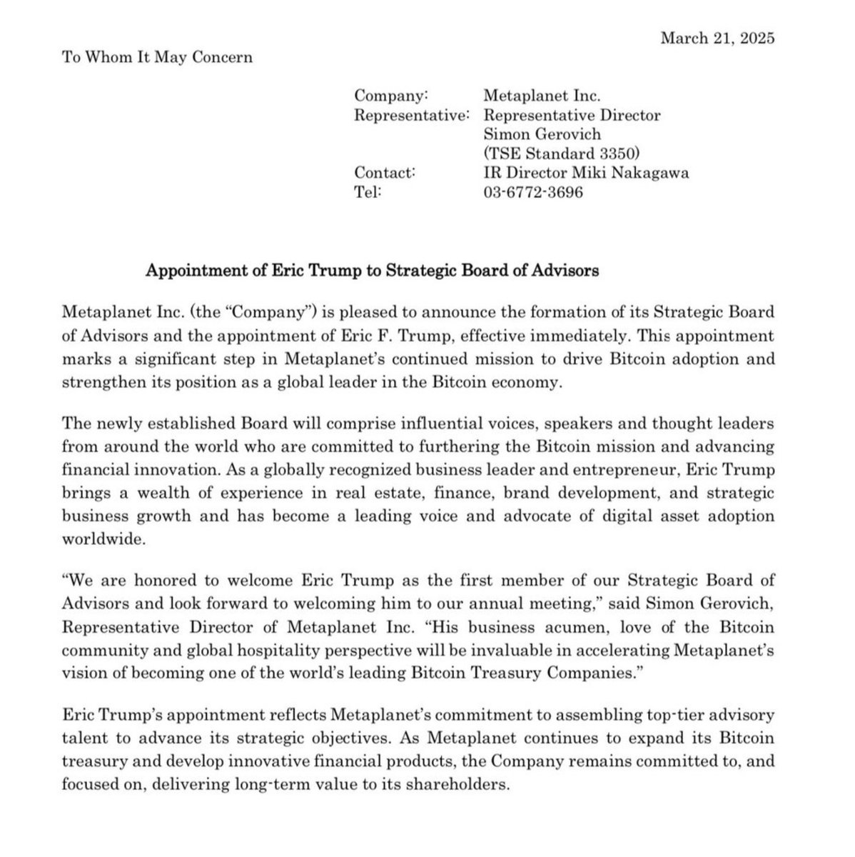 financialcnspr's tweet photo. Bullish: Metaplanet just appointed Eric Trump to its new Strategic Board of Advisors

The son of a U.S. President is now officially aligned with Japan's first Bitcoin treasury company 

Metaplanet is planting its flag as a global Bitcoin leader https://t.co/sR6HzBckmv