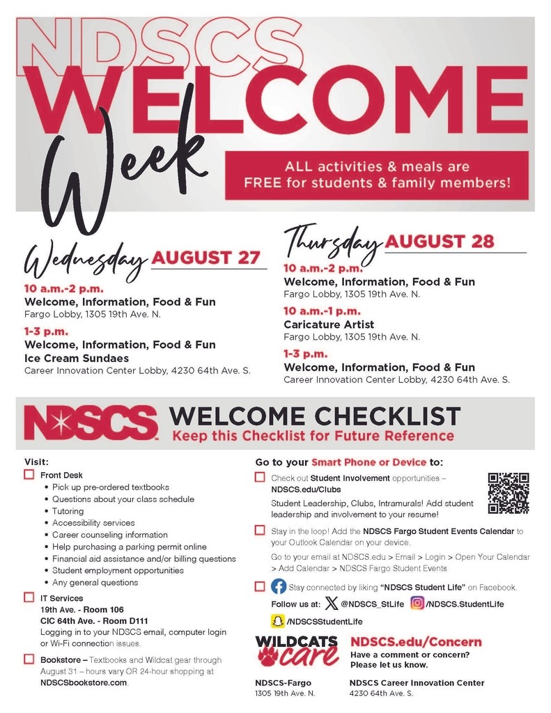 NDSCS_StLife's tweet photo. Welcome to NDSCS Wildcats!😺 Check out all the fun events planned for Welcome Week 2025!🐾 #WelcomeWeek #New2NDSCS https://t.co/kFljIeQNN1