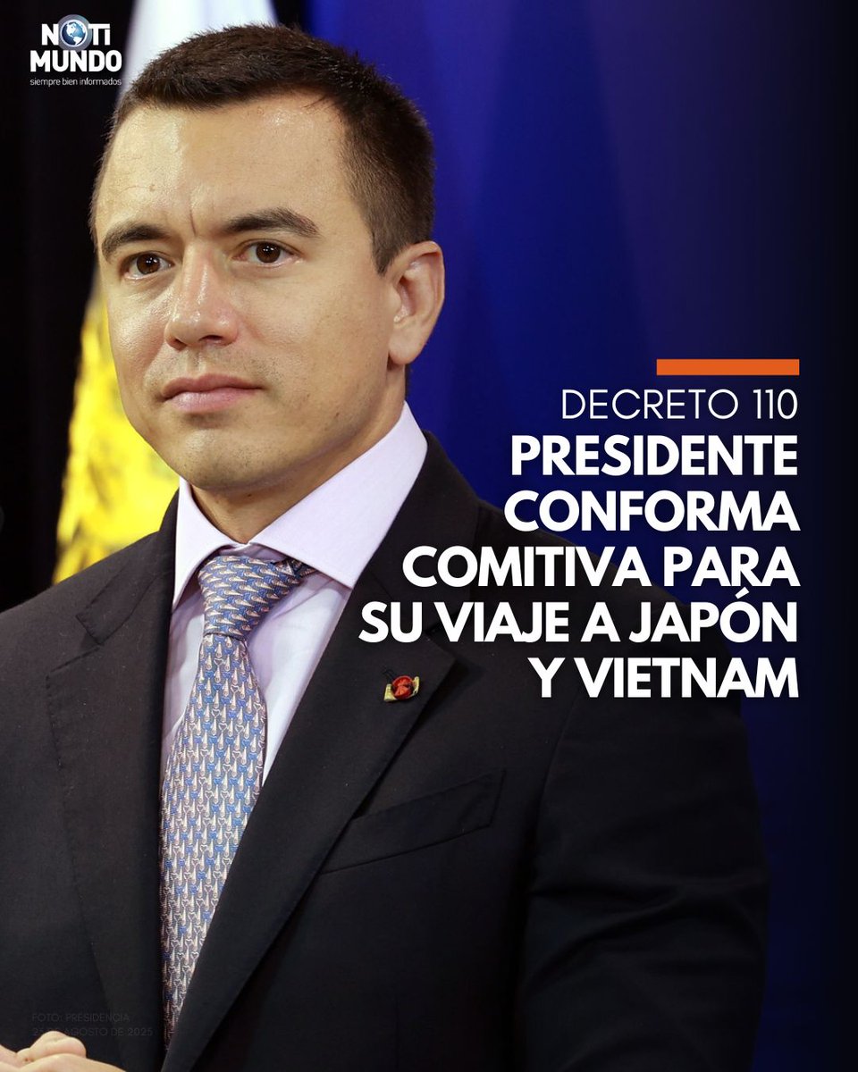 🇪🇨 #Ecuador | A través del Decreto Ejecutivo 110, el presidente Daniel Noboa declaró en comisión de servicios a la comitiva que lo acompañará durante su gira oficial por Japón y Vietnam.

Seis ministros viajarán con el primer mandatario, del 24 de agosto al 02 de septiembre.