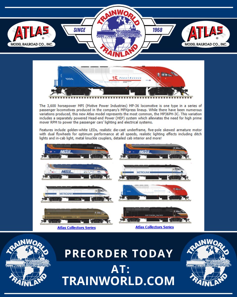 Trainworld's tweet photo. A new batch of the amazing MP36s are on the way to HO scale from @AtlasRR! 👀
PreOrder today at https://t.co/1RAdwL6qNr! https://t.co/y4jgskQbW7
#atlastrains #hoscale #mp36 #diesel #preorder #trainworld #trainland #modeltrains #trains #modeltrain #modeltrainlayout #modeltrainhobby #railfan #toytrain #toytrains #trainset #trainsets #ridewithtrainworld