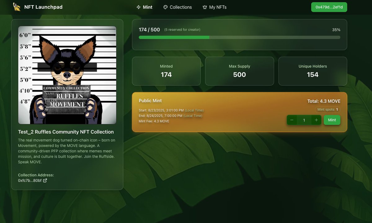 Wassa wassa fam! 🦍🍌

After a few WL-only test mints, the <a href="/ruffmoves/">Ruffles</a> Test Mint is now open for everyone on <a href="/moveindustries/">The Movement</a> Bardock Testnet! 🚀

👉 Mint here:
…-launchpad-testnet.gorilla-moverz.xyz/mint/0xfc7b0a6…

And please drop your feedback here after minting 🙏:
docs.google.com/forms/d/1QjPcR…