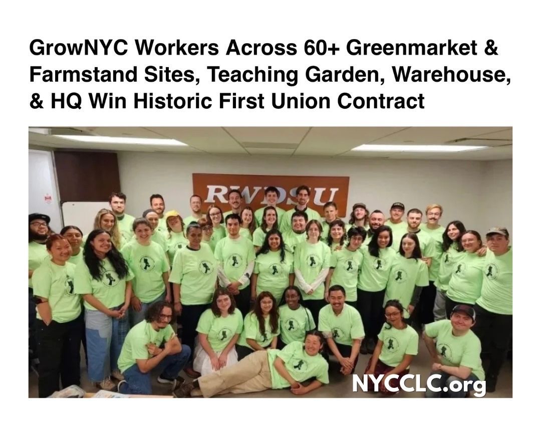 CentralLaborNYC's tweet image. RWDSU announced the ratification of the very first union contract at GrowNYC.

Read: nycclc.org/news/grownyc-w…