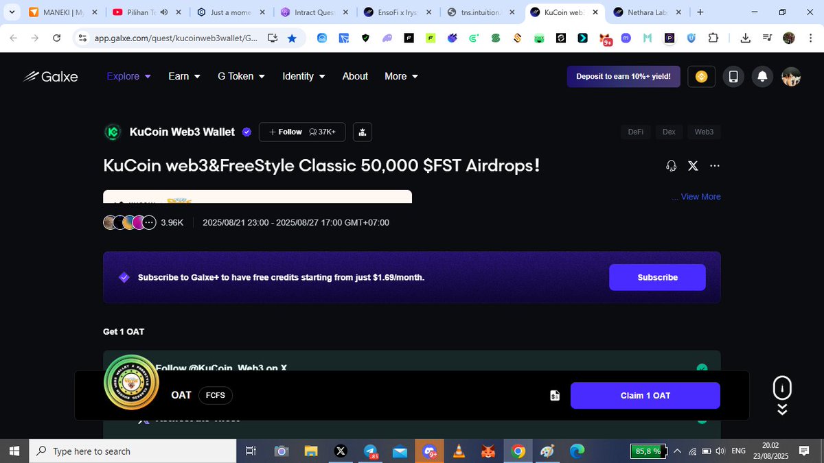 KuCoin web3 &amp; FreeStyle Classic
🏷 Total Rewards: 50,000 $FST 

➡️ Claim Here: app.galxe.com/quest/kucoinwe…
➖ Join Telegram
➖ Follow Twitter
➖ Submit BSC Address
➖ Done
