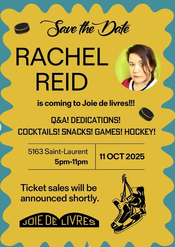 We are so excited that 🏒RACHEL REID🏒will be coming to Joie de livres for a ticketed event on October 11th!