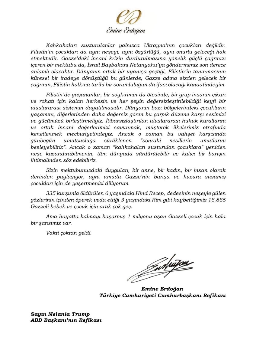 Gazze’de süregelen insanlık dramına karşı sessiz kalmak, zulme ortak olmaktır.

Sayın <a href="/EmineErdogan/">Emine Erdoğan</a> Hanımefendi’nin kaleme aldığı mektup, tüm dünyaya vicdanlı bir çağrıdır.

Barıştan, adaletten ve insanlıktan yana olan herkesi bu çağrıya destek vermeye davet ediyoruz.