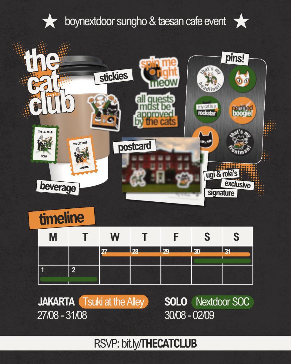 𝐓𝐇𝐄 𝐂𝐀𝐓 𝐂𝐋𝐔𝐁 𝐌𝐈𝐍𝐈 𝐓𝐎𝐔𝐑 𝐈𝐒 𝐂𝐎𝐌𝐈𝐍𝐆!🐾

a #kkeomchiz café event 🎶
📍 jakarta: 27–31 aug (tsuki, blok m)
📍 solo: 30 aug–2 sept (nextdoor, solo)
📓 more info below ↓

#meowchella #kkeomchizbergoyang 🪩🎸
#SUNGHO #TAESAN