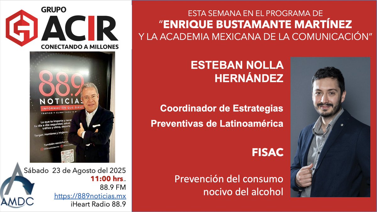 EnriqueB01's tweet image. Hoy en #MiProgramaDeRadio de la Academia Mexicana de la Comunicación, Esteban Nolla Hernández, Coordinador de Estrategias Preventivas de Latinoamérica para @FISCAC
La cápsula de IA @jhidalgo
11:00 hrs. en el 88.9 FM o 889noticias.mx y también a través de iHeart Radio