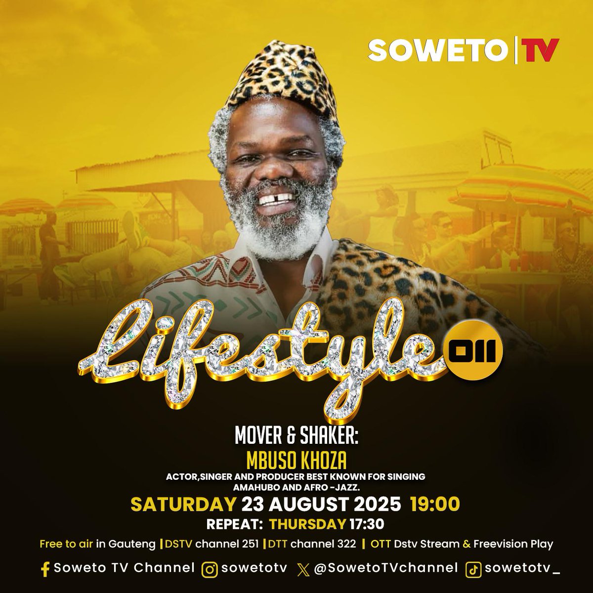 🎬Lifestyle 011 today!
Catch <a href="/mbusokhozainsti/">Mbuso Khoza</a> on Lifestyle 011 — Afro-Jazz, roots, and real talk!🎶

📅 Saturday | 23 August 2025
🕖 19:00
🔁 Repeat: Thursday at 17:30
📍 Soweto TV | Free to air in Gauteng | DStv Channel 251 | DTT Channel 322 | OTT (DStv Stream &amp; Freevision Play)