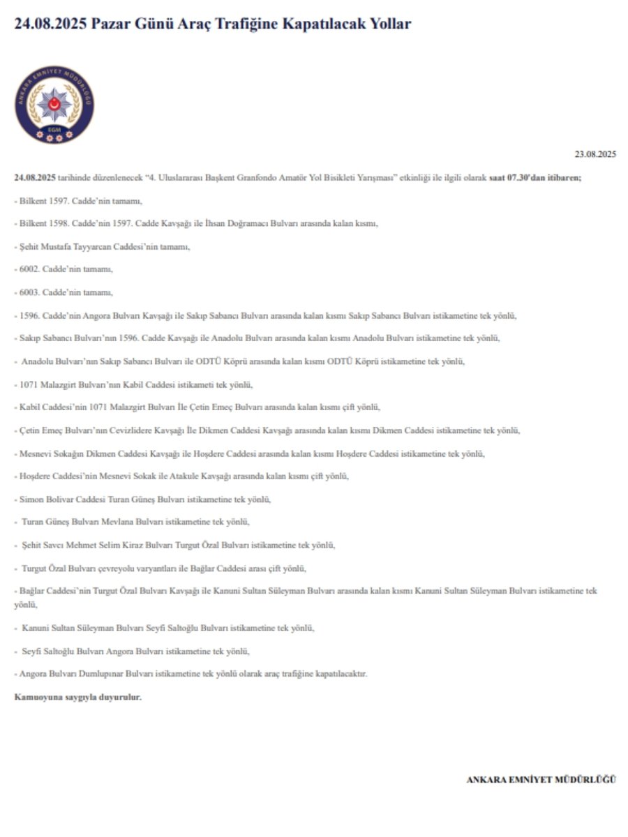 DİKKAT! ANKARA'DA BİSİKLET YARIŞI NEDENİYLE YARIN BAZI YOLLAR TRAFİĞE KAPATILACAK!