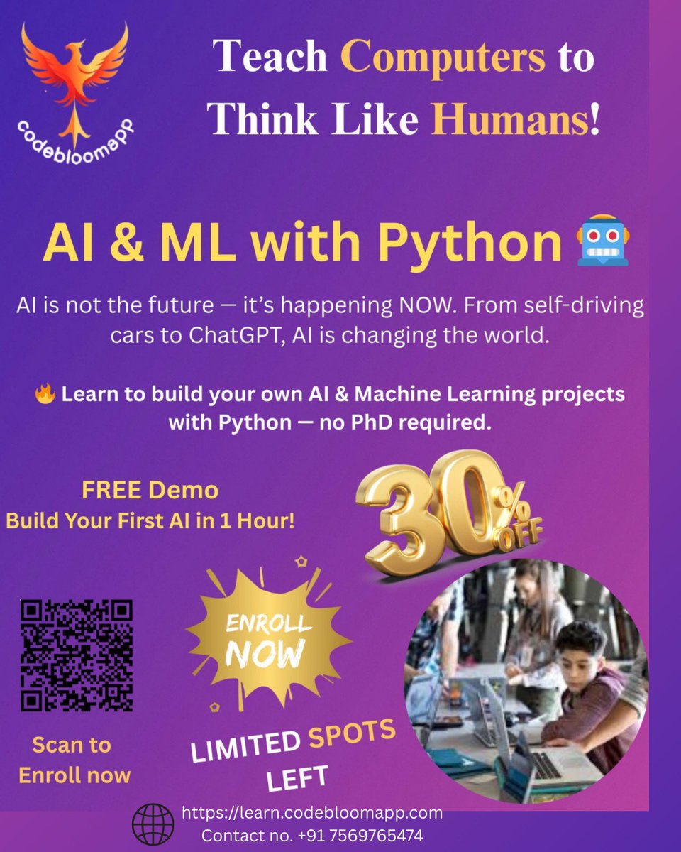 codebloomapp's tweet image. 🚀 Master AI & ML with Python!
Join our hands-on course and unlock the future of tech.
💡 Learn from experts. Build real projects. Be industry-ready!
Free Demo Alert! 🔥 Don’t Miss Out!”
learn.codebloomapp.com
+91 75697 65474
#AI #MachineLearning #PythonProgramming #AICourse