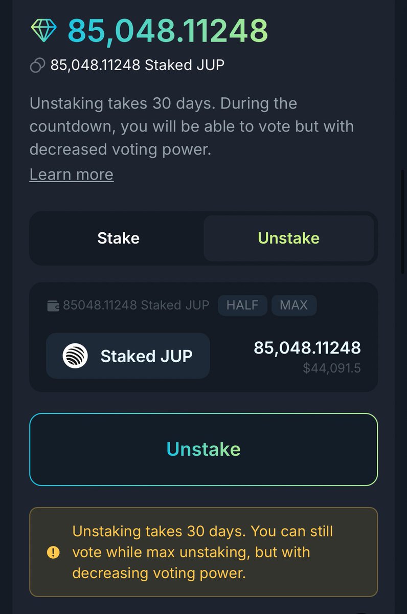 Unstaking $Jup after being staked since day 1. The team is phenomenal the product is top notch there just doesn’t seem to be any integration for the token. After months and months of the community begging for some sort of functionality and tons of Bullish <a href="/JupiterExchange/">Jupiter (🐱, 🐐)</a>