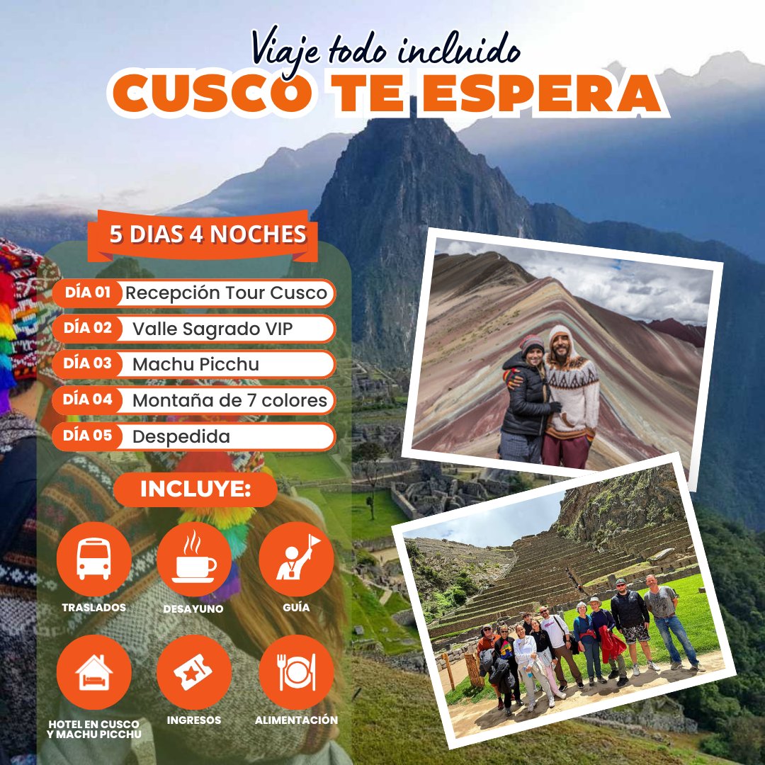 TunkiMapiTravel's tweet photo. Vive unas merecidas vacaciones en Cusco con un programa de 5 días y 4 noches diseñado para ti. Descubre los templos incas en el City Tour, disfruta del Valle Sagrado, contempla la belleza de Machu Picchu y sorpréndete con la Montaña de 7 Colores. 
#MachuPicchu #Cusco #peru https://t.co/funyTWkxrH