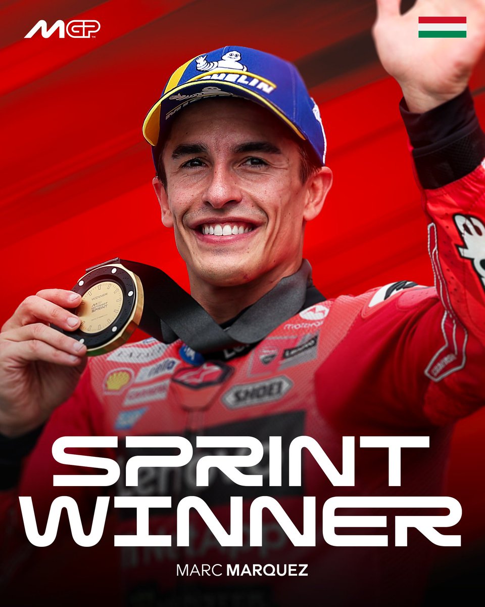 🥇¡¡Nueva VICTORIA al SPRINT de Marc Márquez!!

🆙️ 13/14 Sprints, y 13er triunfo consecutivo.

🔝Di Giannantonio y Morbidelli cierran la zona de podio.

✅️ Gran 4° de Marini, delante de Aldeguer y Mir.

❌️ Álex, 8°, y Bagnaia, 13°, más lejos de Marc.

#HungarianGP🇭🇺 #MotoGP